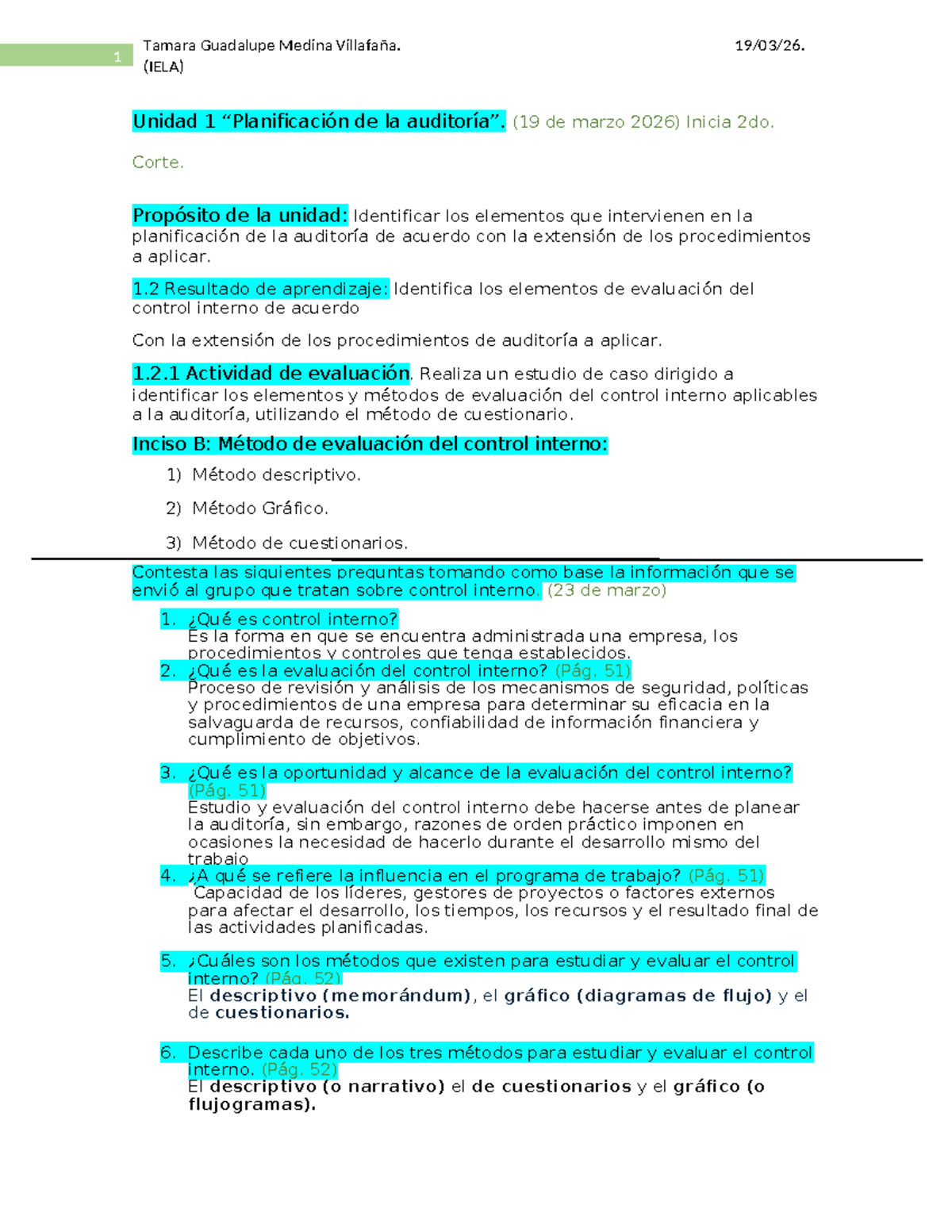 Unidad 1: Evaluación del Control Interno en Auditoría (IELA) - Studocu