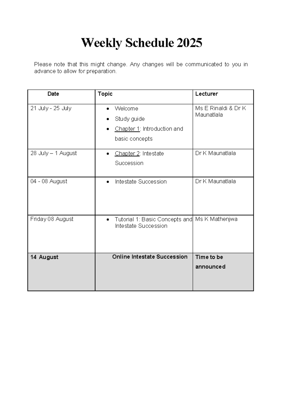 ERF Weekly Schedule 2025: Course Overview and Important Dates - Studocu