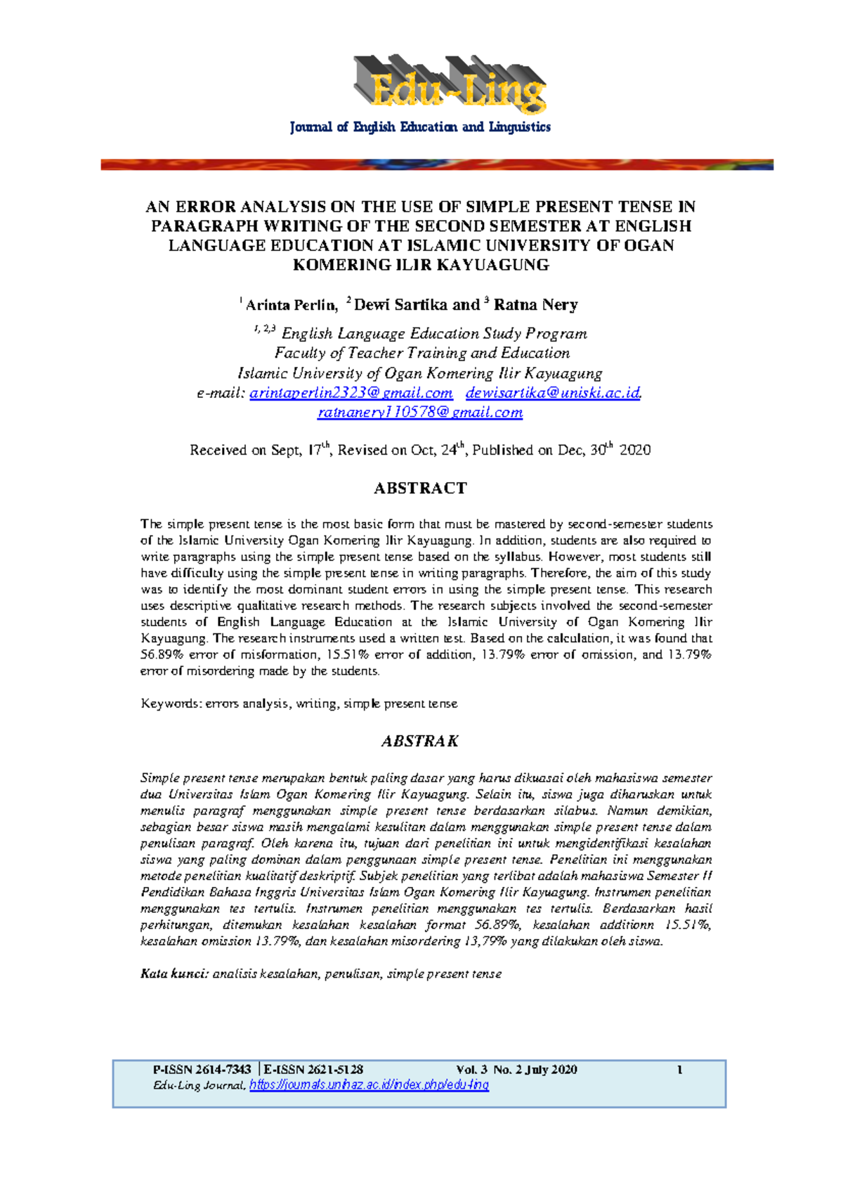 Error Analysis of Simple Present Tense in Writing - 1688-97-4814-1-10 ...