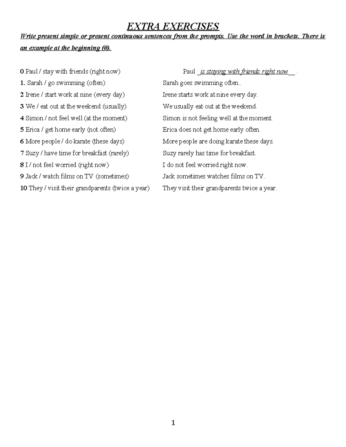 Extra Exercises: Present Simple vs Present Continuous (UNIT 1 & UNIT 2 ...