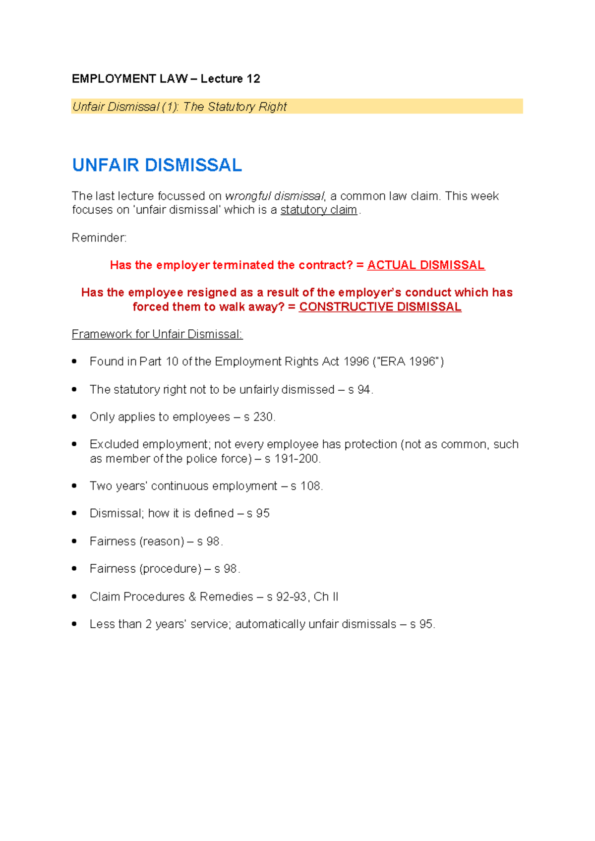 L12 Employment Law: Unfair Dismissal Explained - Studocu