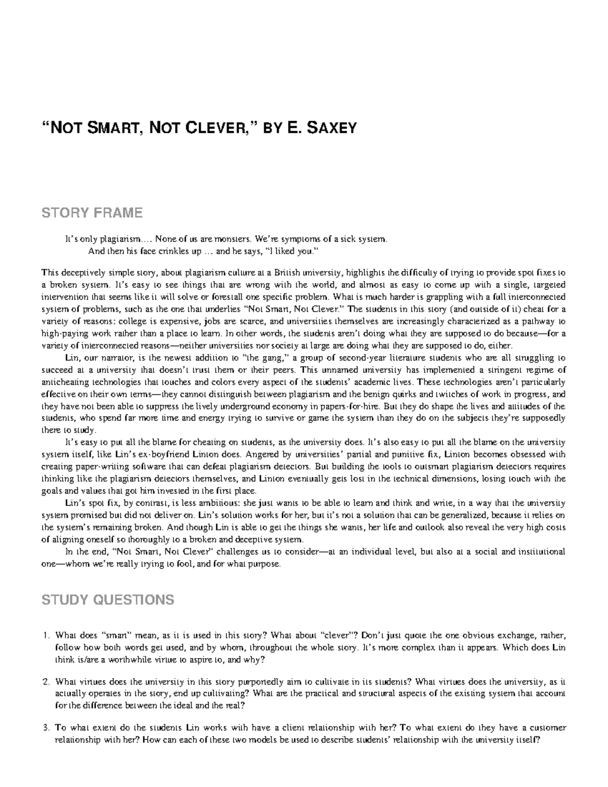 SMART, NOT: E. SAXEY'S CRITIQUE OF PLAGIARISM CULTURE IN ACADEMIA - Studocu