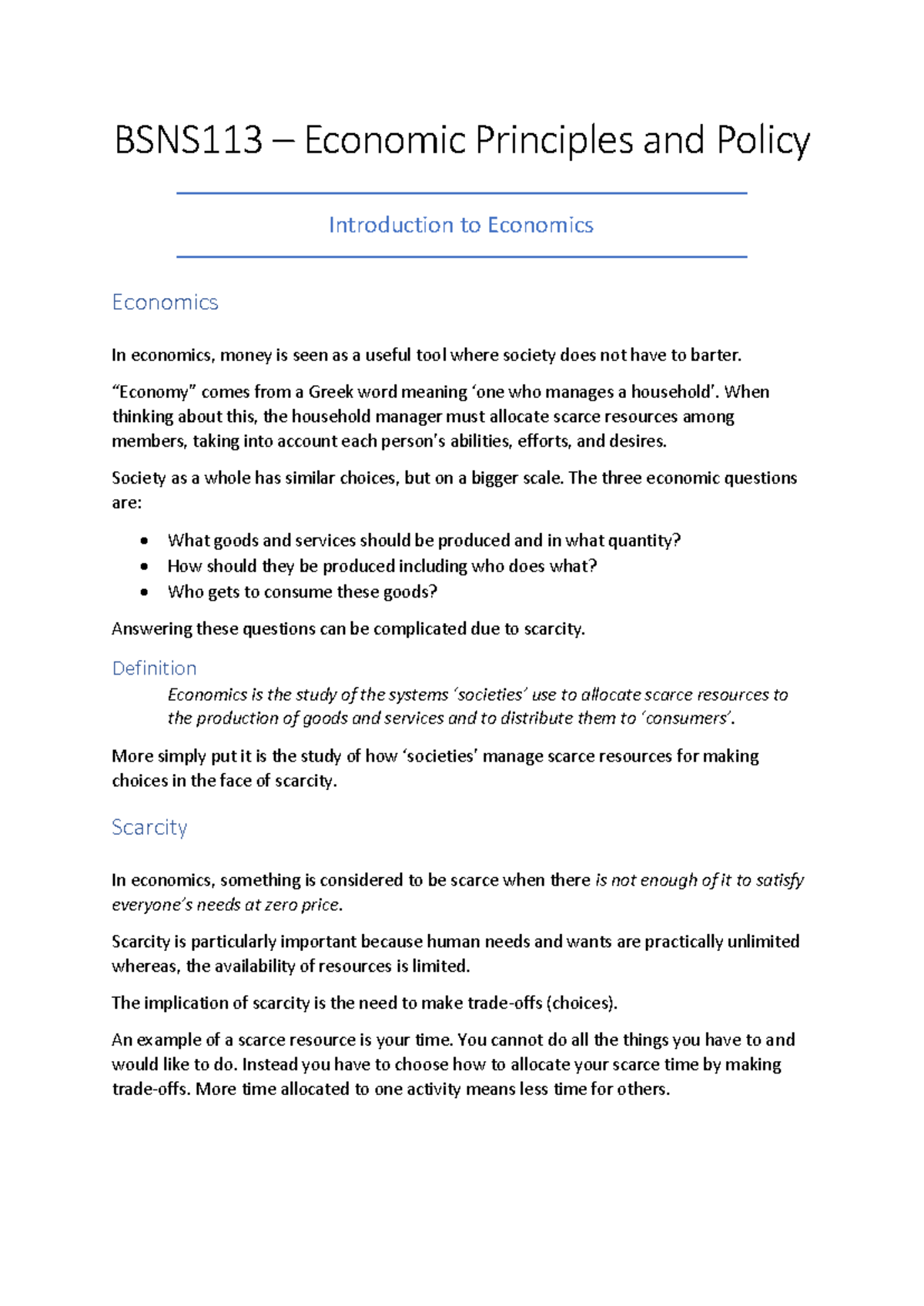 BSNS 113 Notes - BSNS113 – Economic Principles and Policy Introduction ...