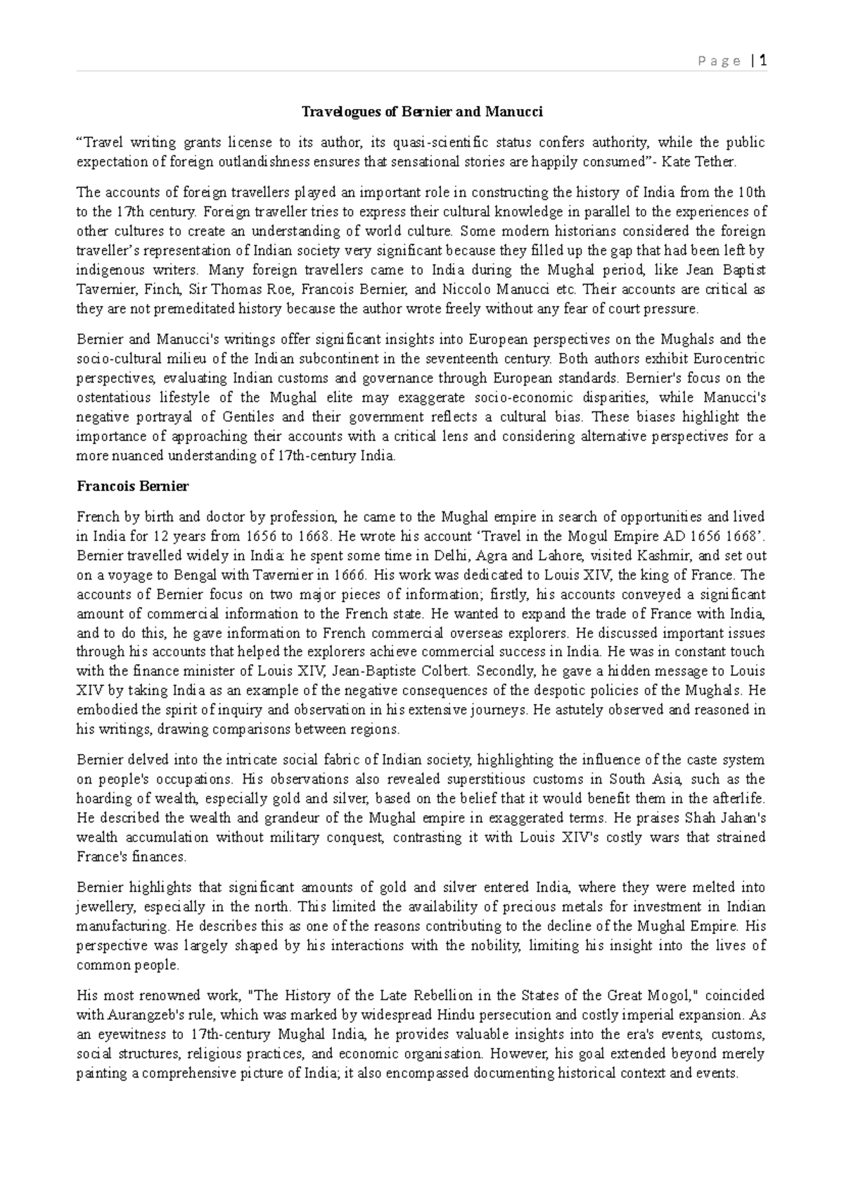 Bernier and Manucci: Insights into Mughal India (HIST 101) - Document Preview