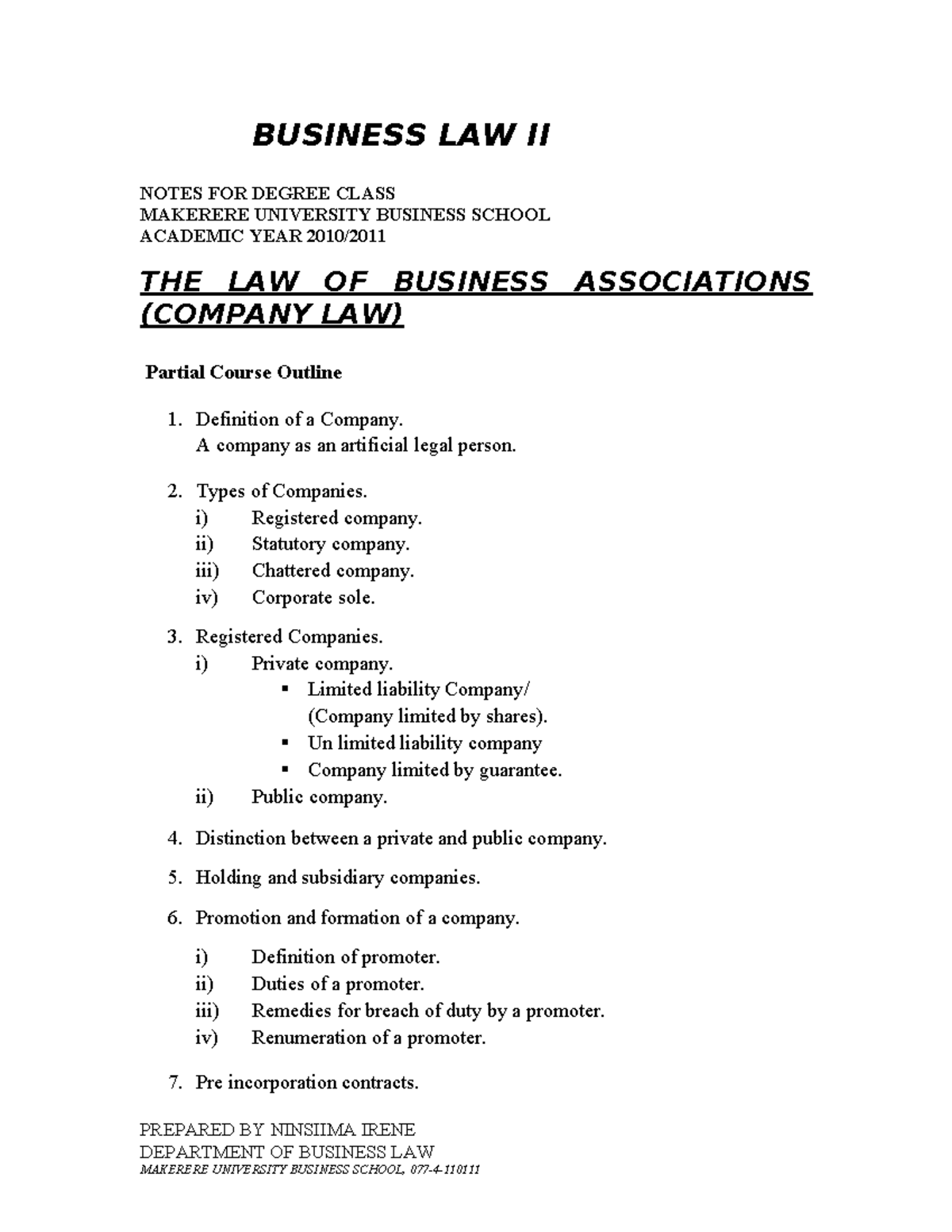 BUSINESS LAW II NOTES: COMPANY LAW OVERVIEW - MAKERERE UNIVERSITY - Studocu
