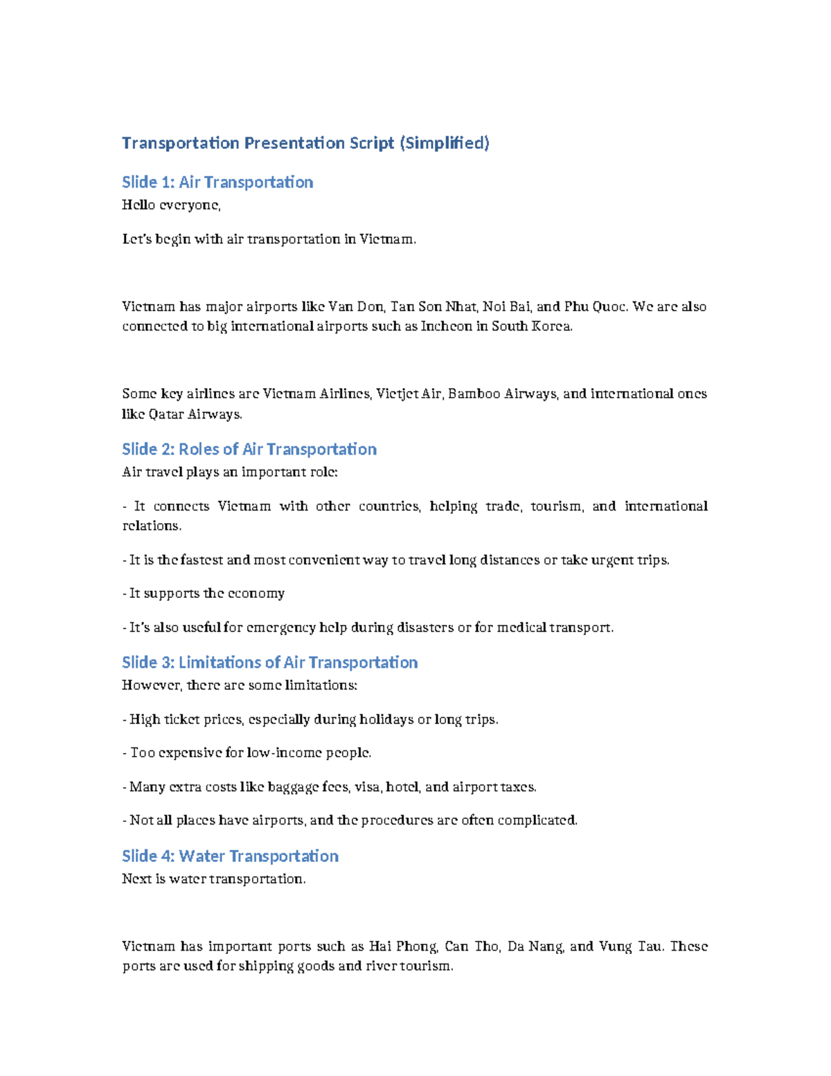 Transportation Presentation Script: Air & Water Transport in Vietnam ...