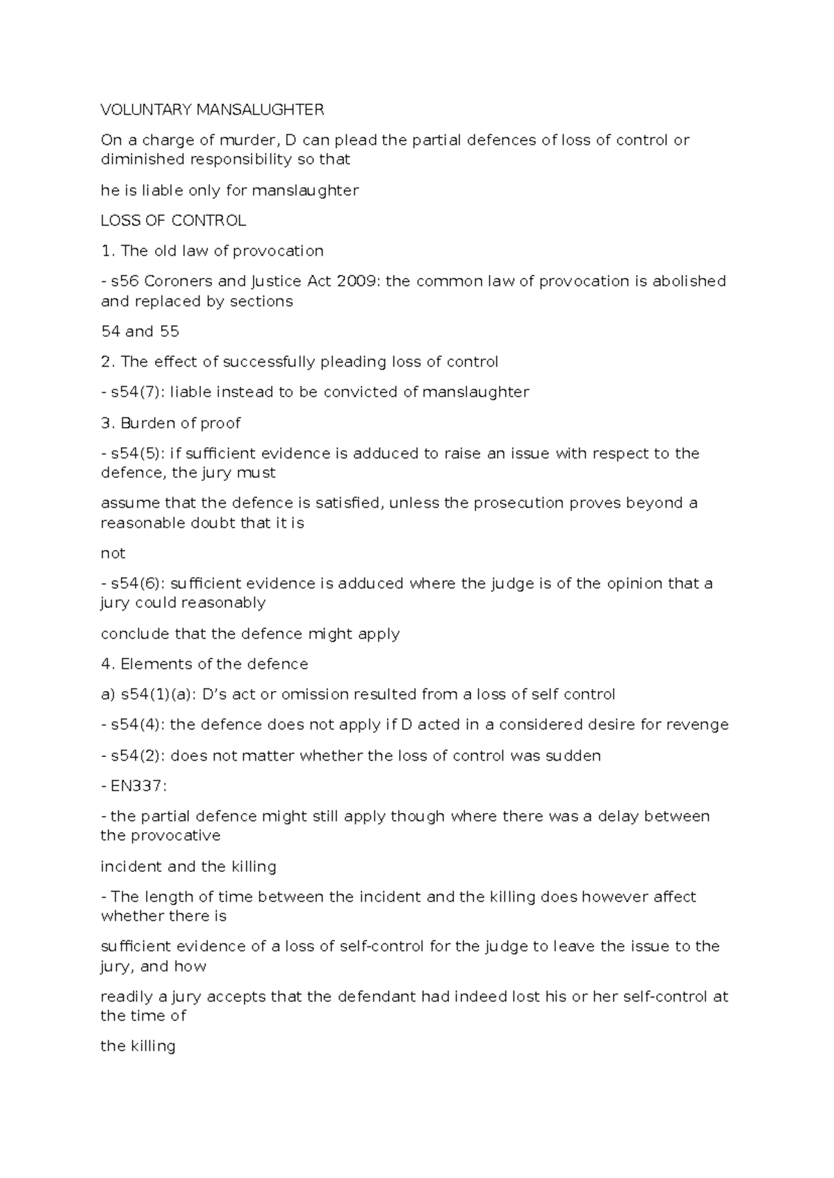 EN337: Criminal Law Revision Notes on Voluntary Manslaughter and ...