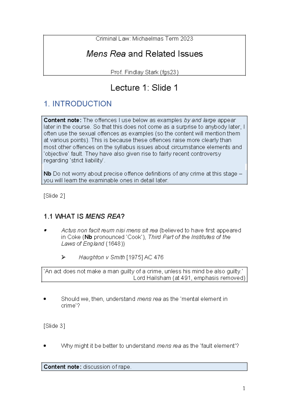 Mens Rea in Criminal Law - Lecture Notes (2023) by Prof. Stark - Studocu