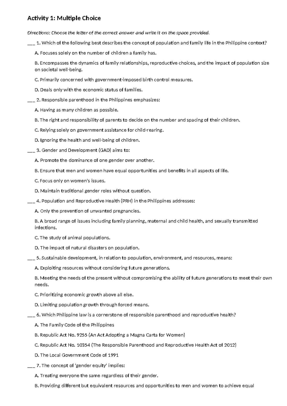 Popdev Worksheets: MCQs, True/False, and Short Answer Activities - Studocu