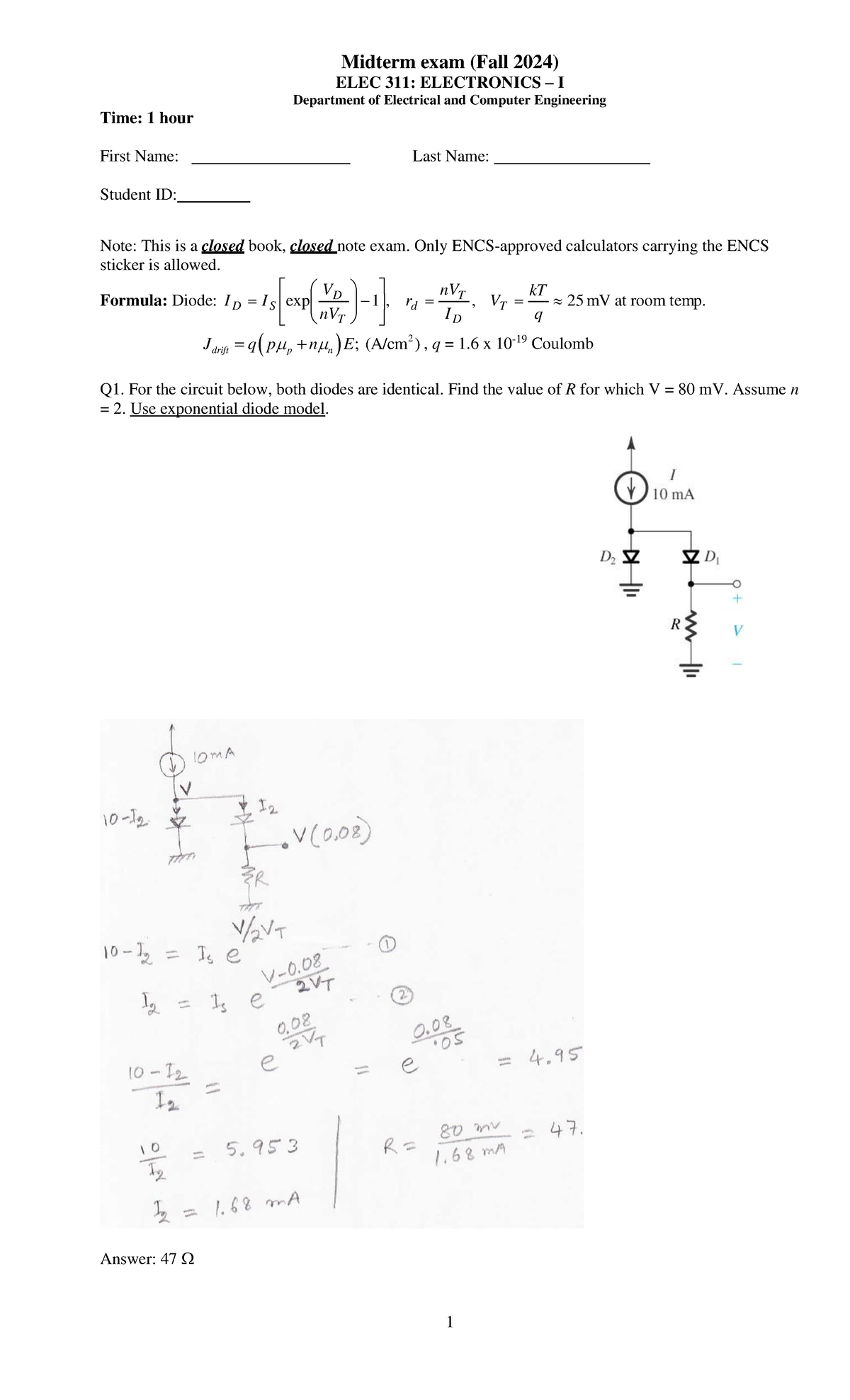 Elec 311 midterm kabir - 1 Midterm exam (Fall 2024 ) ELEC 31 1 ...