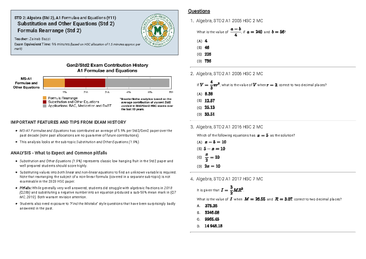 Algebra Substitution and Other Equations Formula Rearrange - STD 2 ...