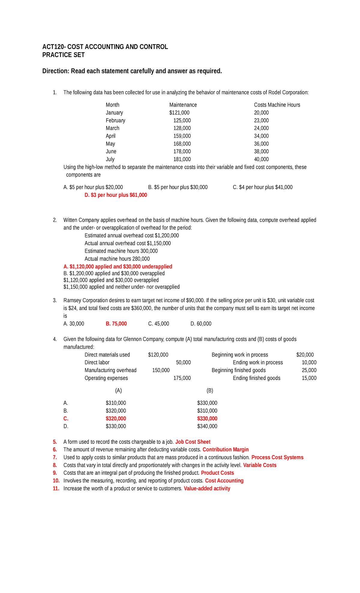 COST ACCOUNTING 1ST PRELIM PRACTICE SET - Studocu