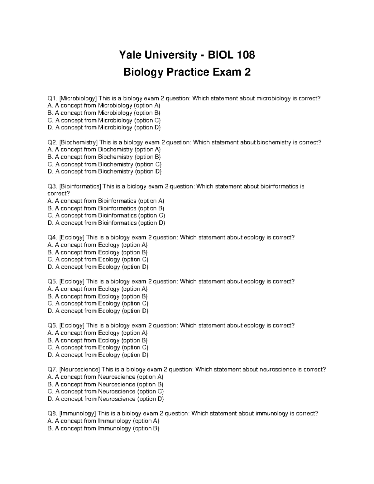 Yale University BIOL 108 Biology Exam 2 - MCQ Practice Questions - Studocu