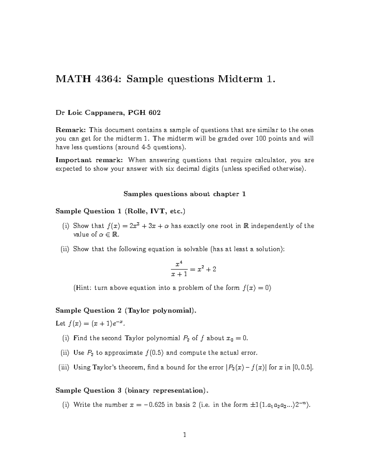 MATH 4364 Midterm 1 Sample Questions and Solutions - Studocu