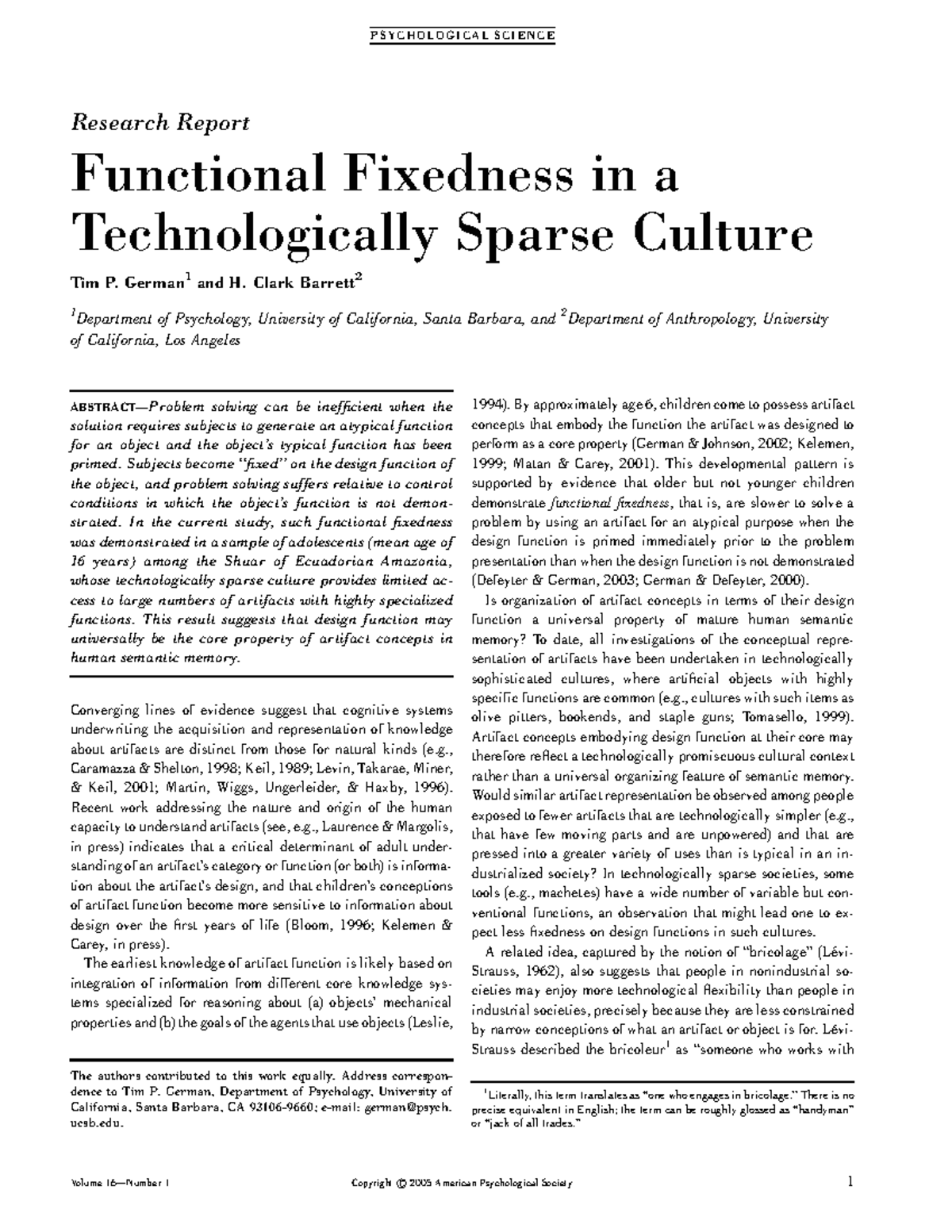 PSY 101: Examining Functional Fixedness in Technologically Sparse ...