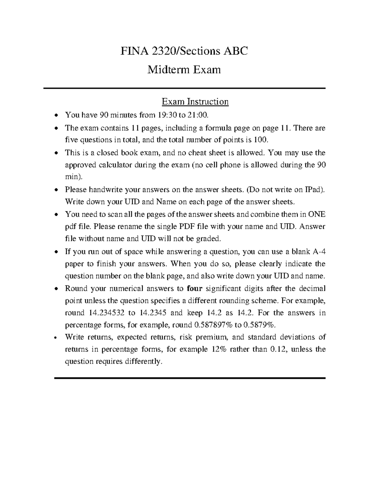 FINA 2320 Fall 2020 Midterm Exam Guidelines and Instructions - Studocu