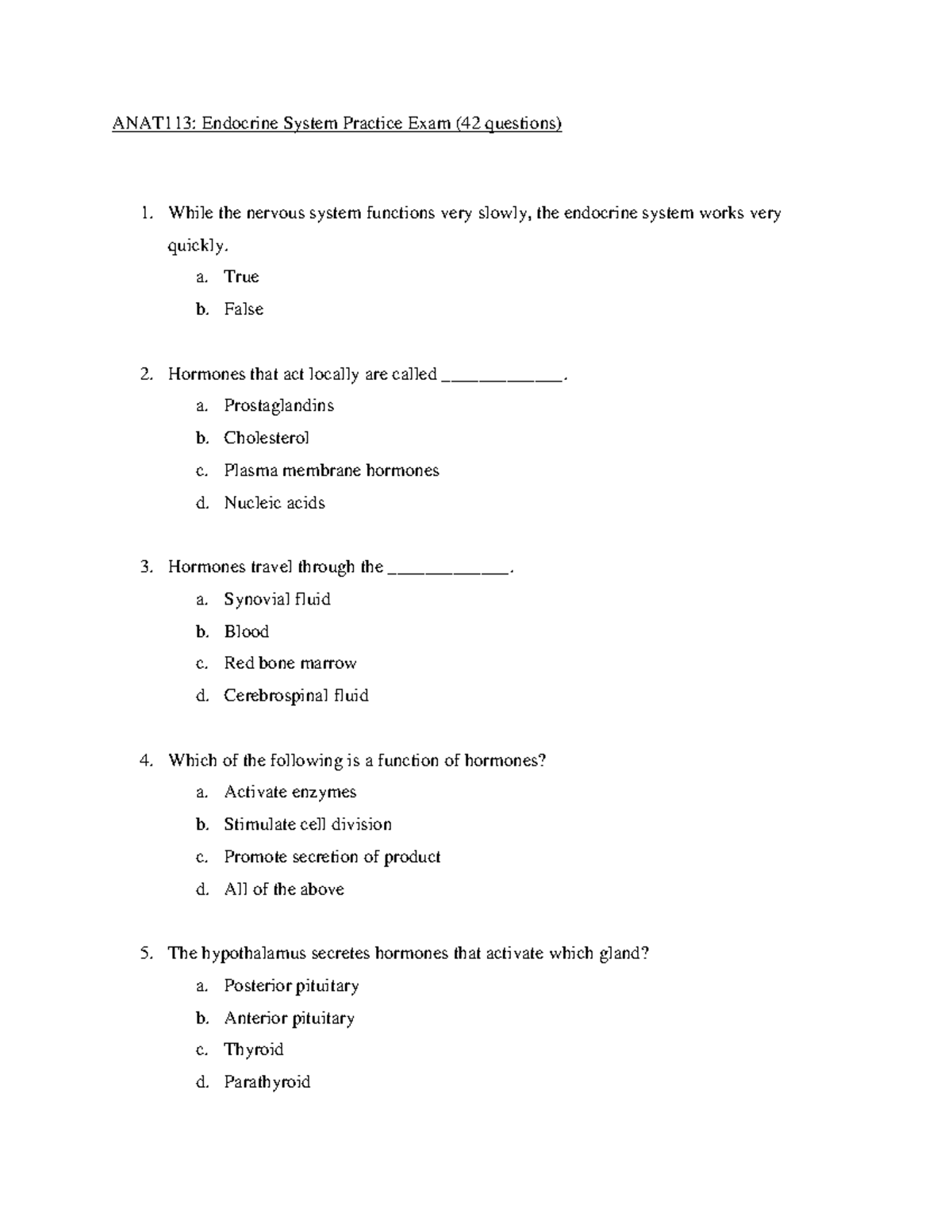 ANAT113: Practice Exam on Endocrine System (42 Qs) - Studocu