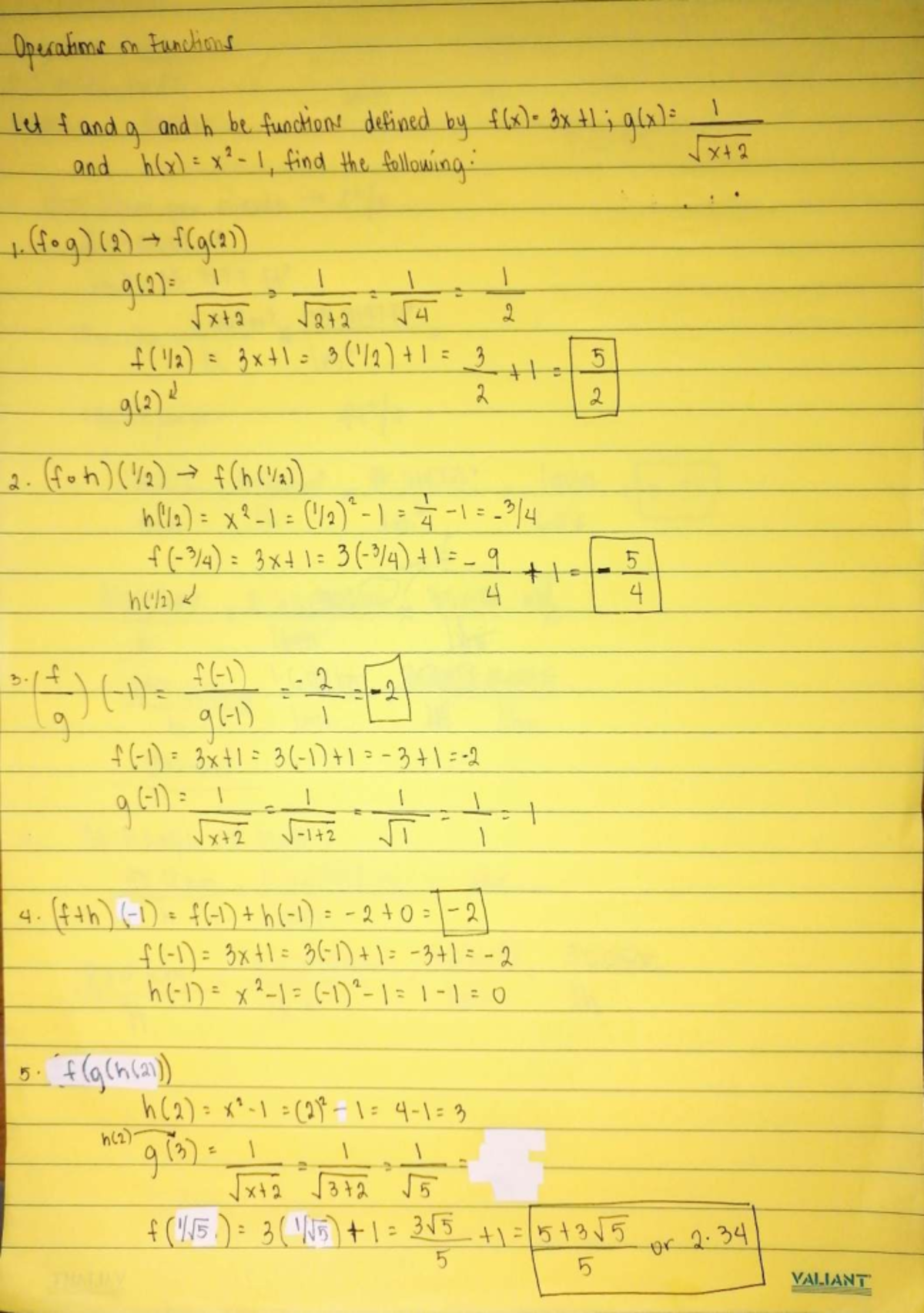 Operations on Functions: Calculating Compositions and Values - Studocu