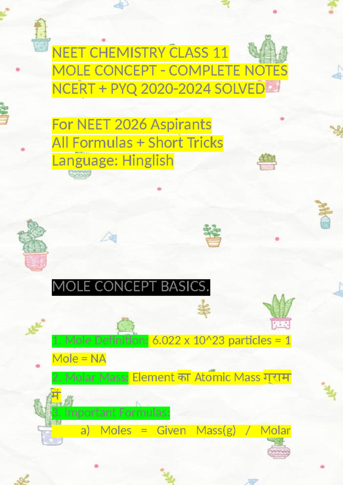 NEET CHEMISTRY CLASS 11 MOLE CONCEPT COMPLETE NOTES & TRICKS - Studocu