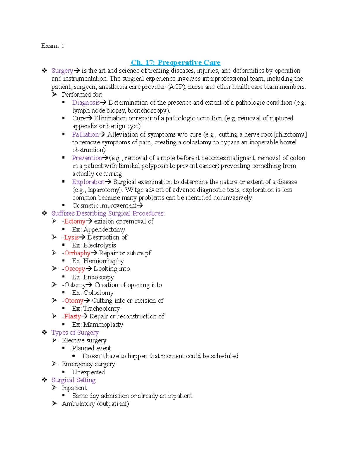 Exam 1 Study Guide: Preoperative Care & Medication Considerations - Studocu