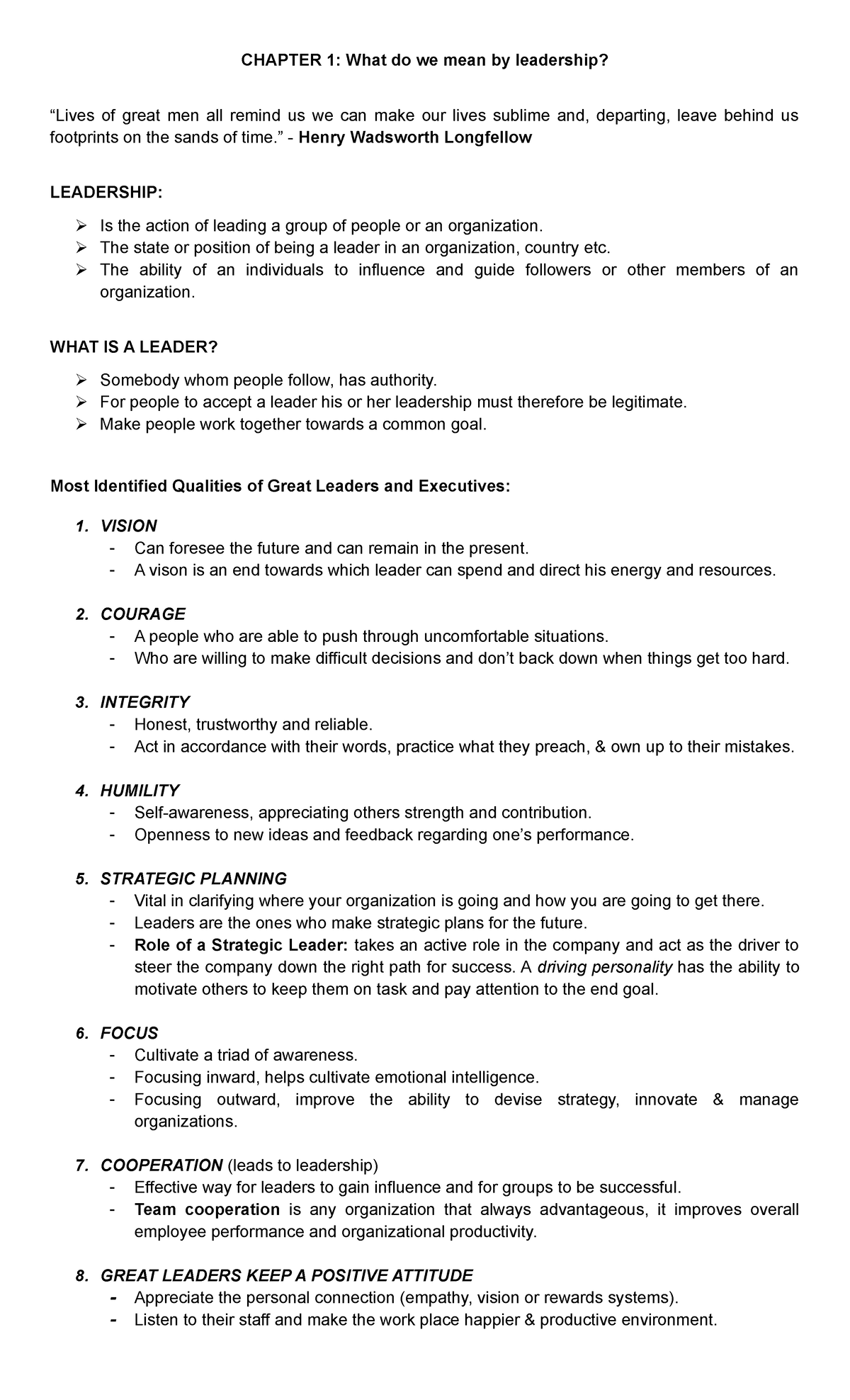 Chapter 1: Understanding the Essence of Leadership Concepts - Studocu