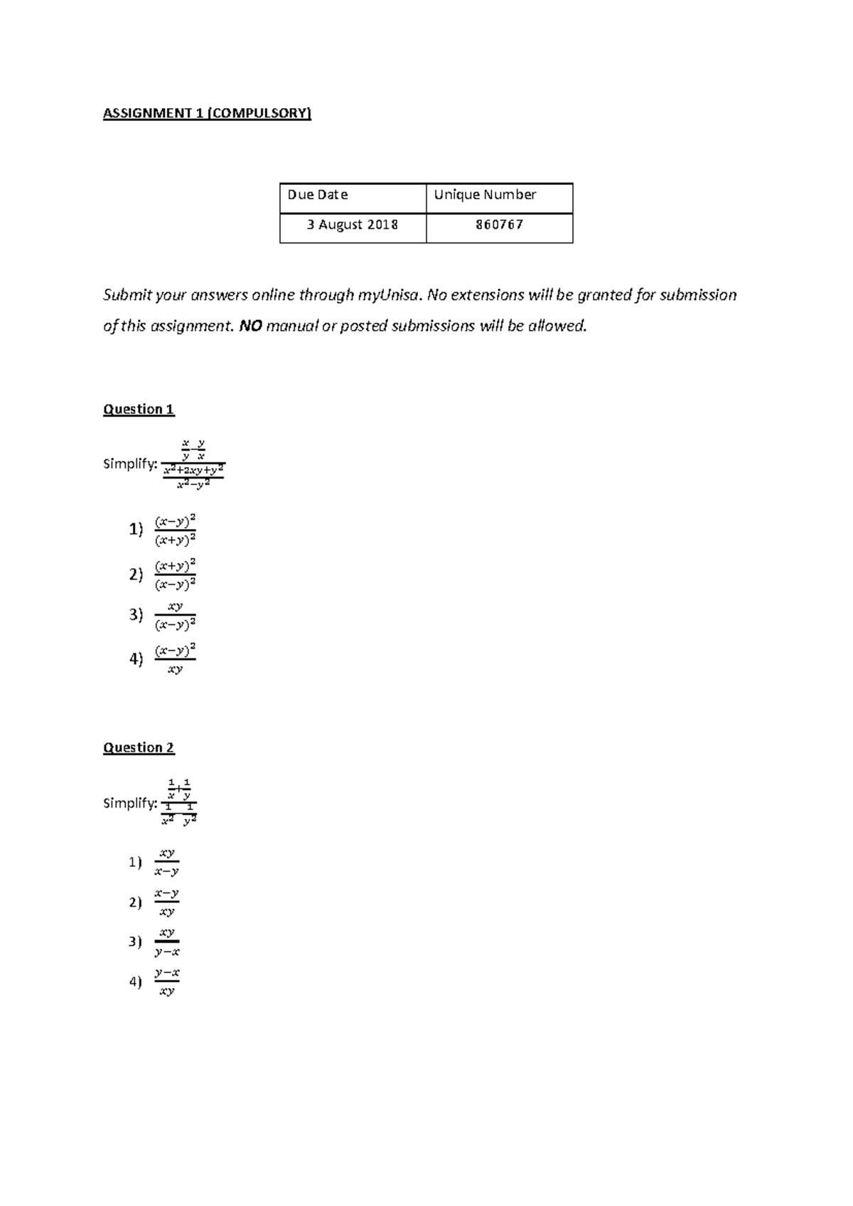 Aug 2018 Assignment 1 (Compulsory) - Unique No. 860767 - Studocu