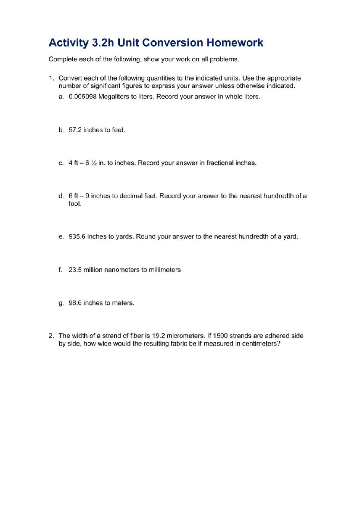 Unit Conversion Homework Activity 3.2h: Complete Problems with Work ...