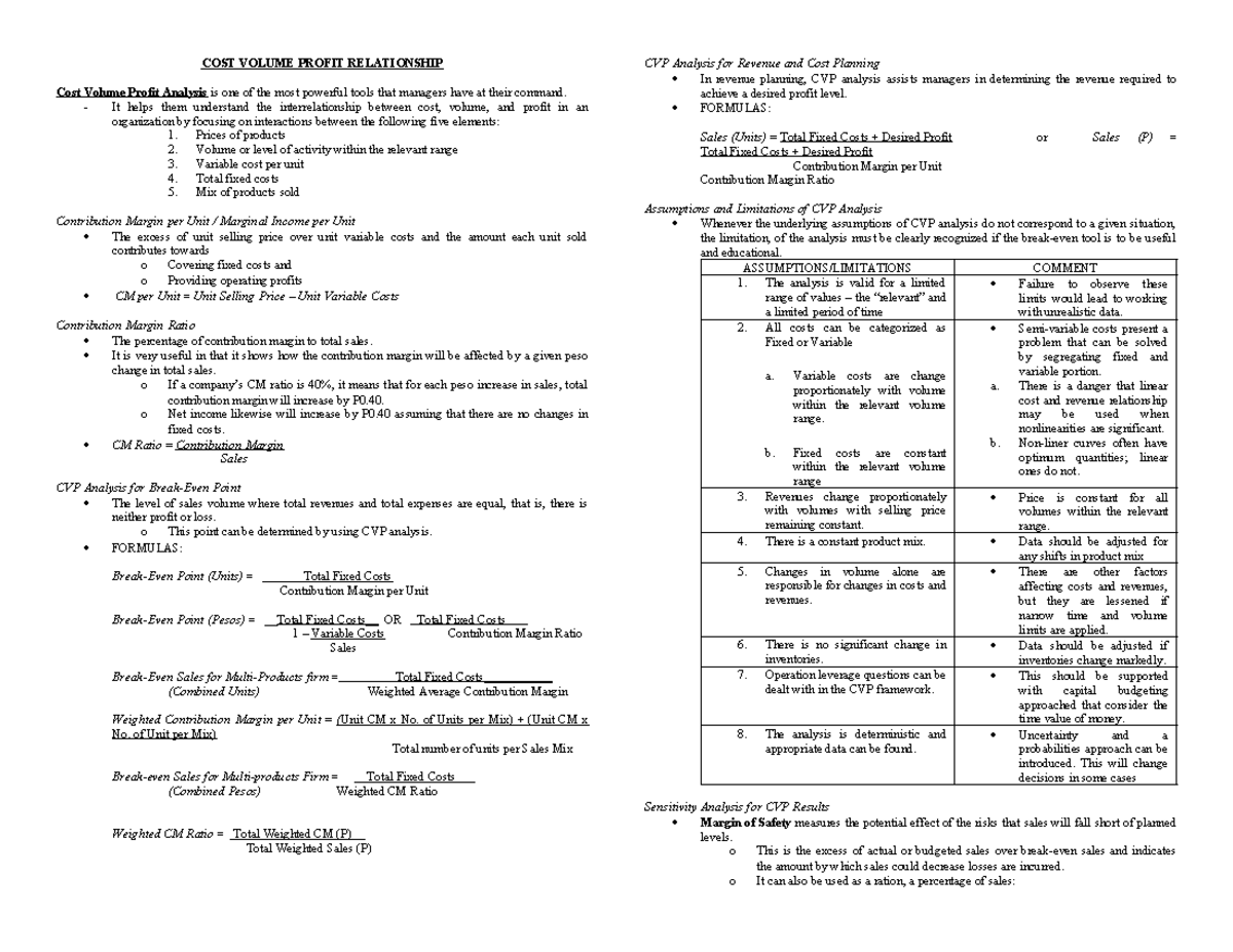 COST VOLUME PROFIT ANALYSIS: Key Concepts and Formulas - Studocu