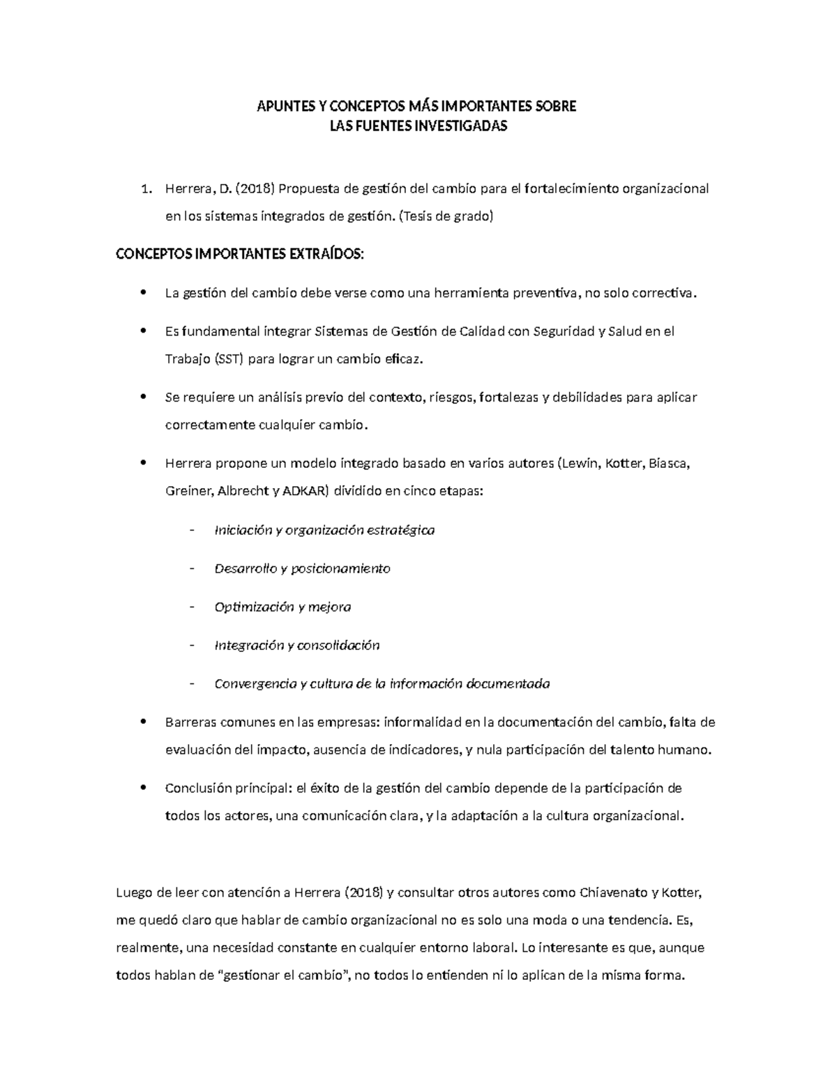 APUNTES SOBRE GESTIÓN DEL CAMBIO Y DESARROLLO ORGANIZACIONAL - Studocu