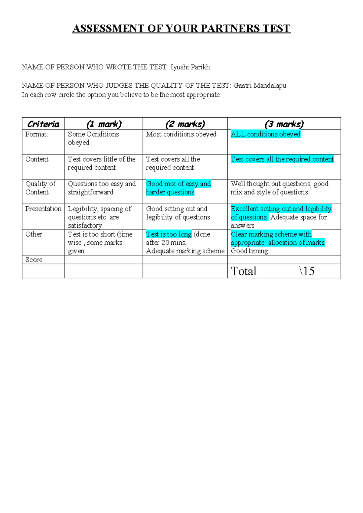 Assessment of Your Partner's Test: Analysis Task - Studocu