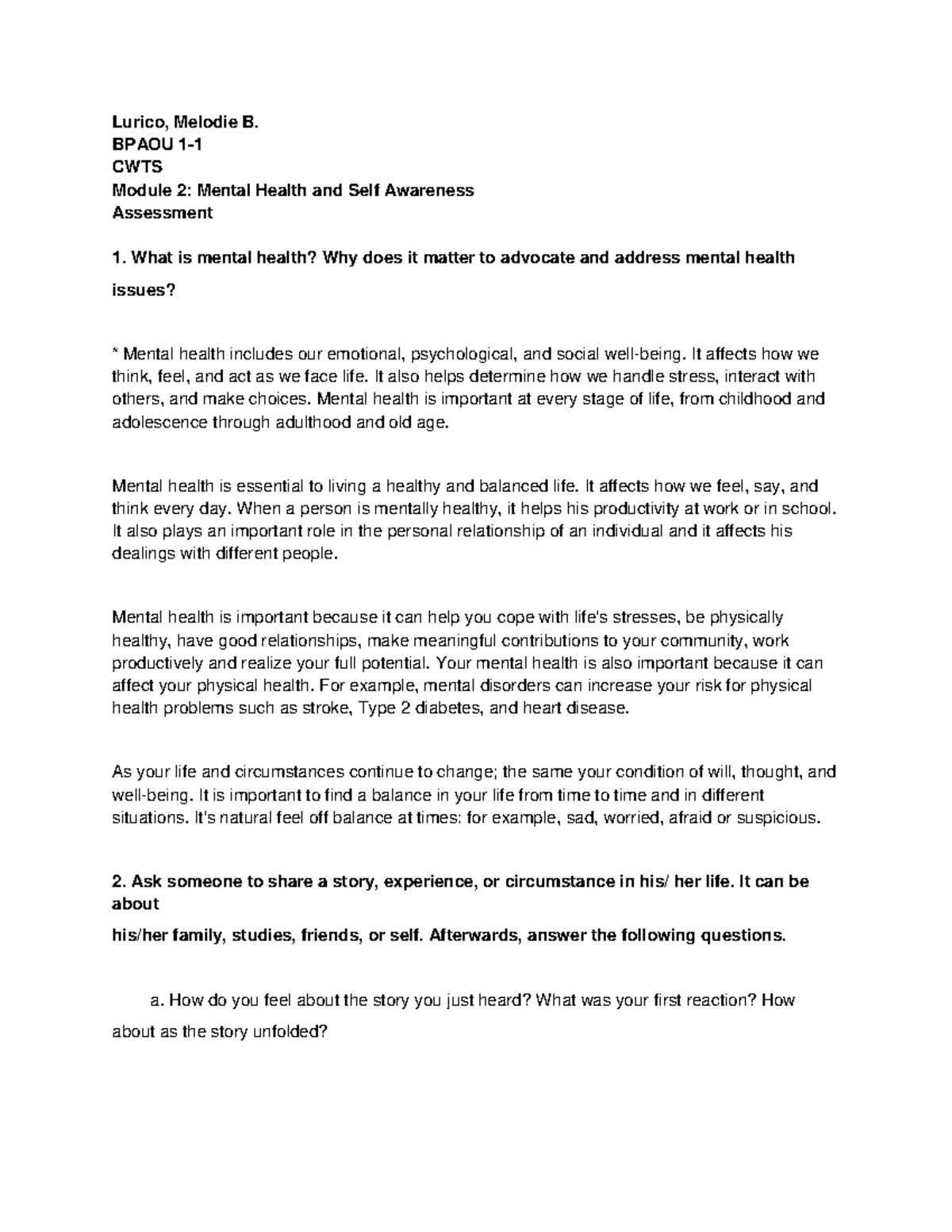 Lurico, Melodie B. - CWTS Module 2 Mental health and self awareness ...