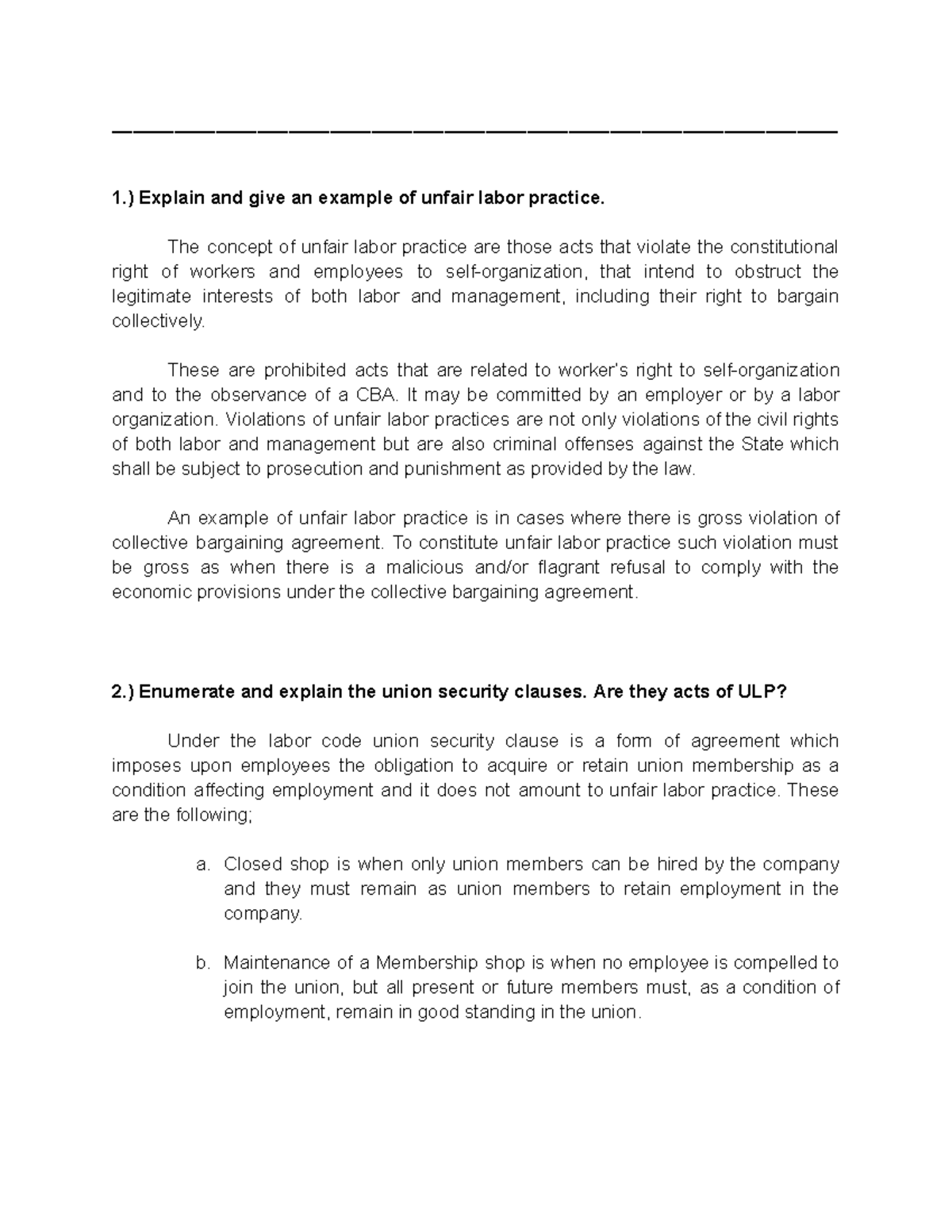 Labor Law Review: Unfair Labor Practices & Union Security Clauses - Studocu