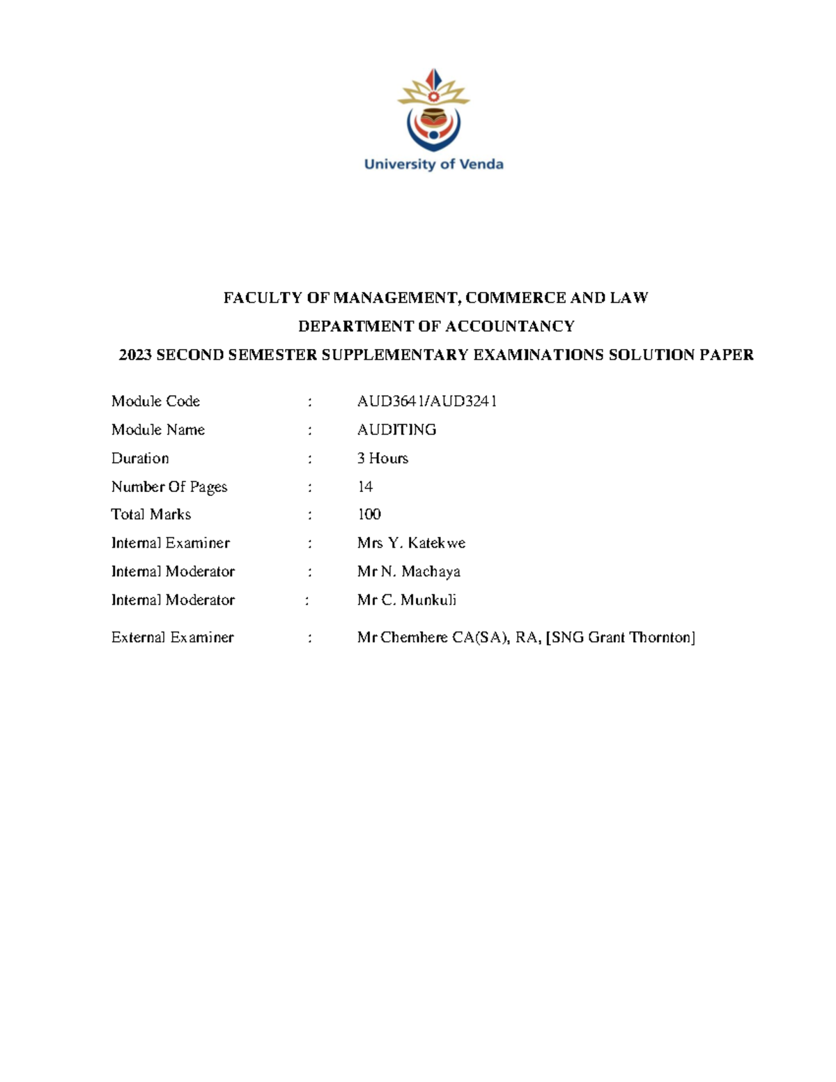 AUD3641 Supp Exam YK Sln Final 1 - FACULTY OF MANAGEMENT, COMMERCE AND ...