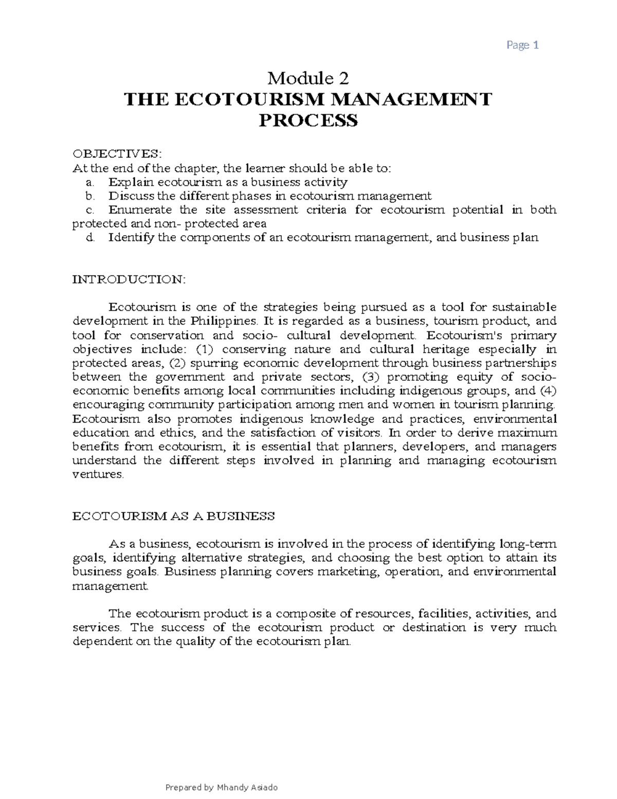 Module 2: The Ecotourism Management Process Overview - Studocu