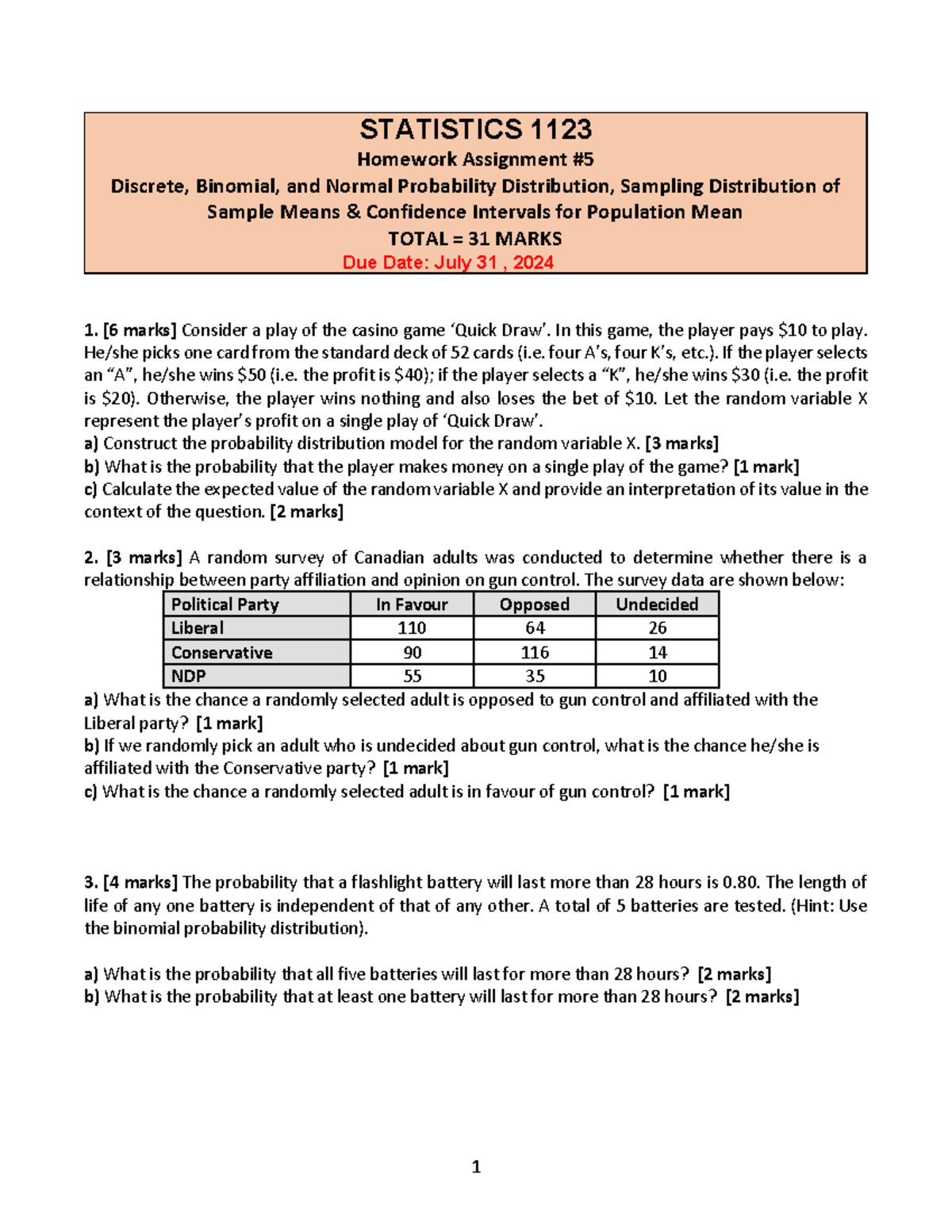 Statistics 1123 assignment 5: Probability distributions and confidence ...