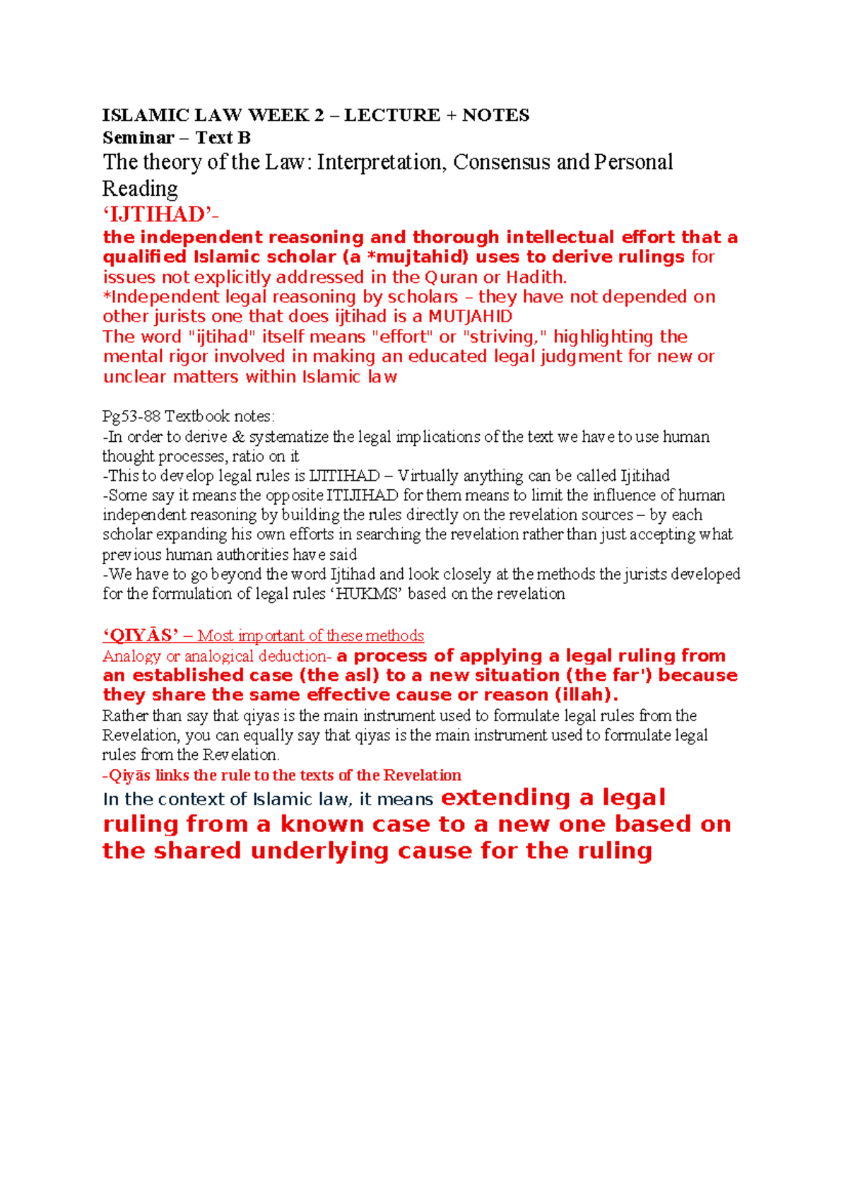 ISLAMIC LAW WEEK 2 LECTURE NOTES: Legal Reasoning & Ijtihad - Studocu