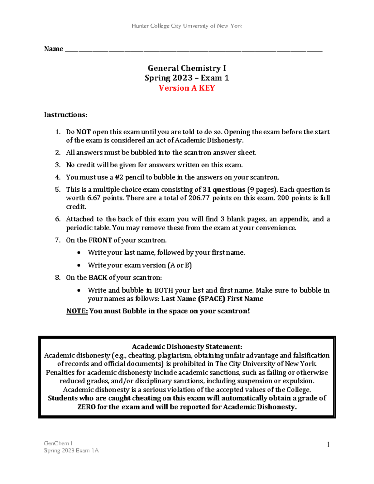 Exam 1 Spring 2023 Answer Key - GenChem I 1 Name - Studocu