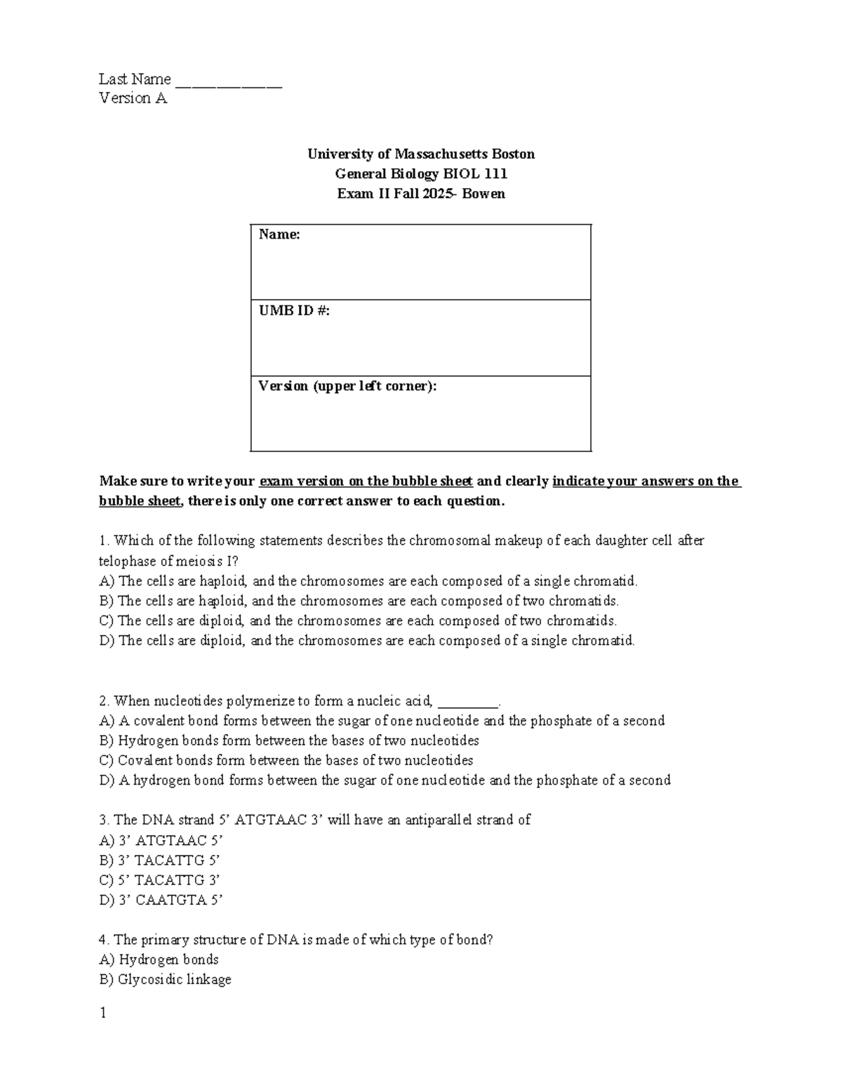 General Biology BIOL 111 Exam II Fall 2025 - Bowen - Studocu