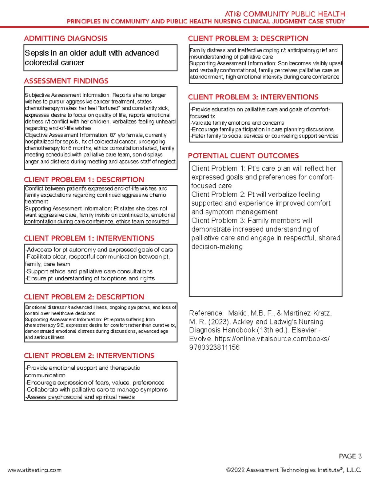 ATI Community Public Health Nursing Case Study: Sepsis & Palliative ...