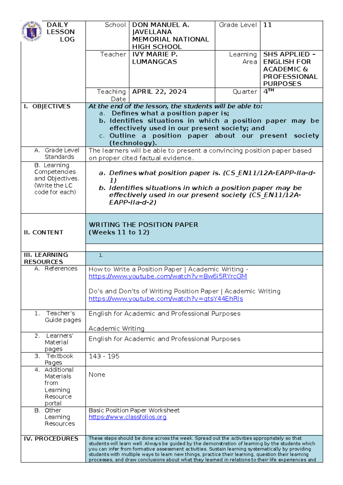 DLL-COT 4: Lesson Plan for Writing a Position Paper in SHS English ...
