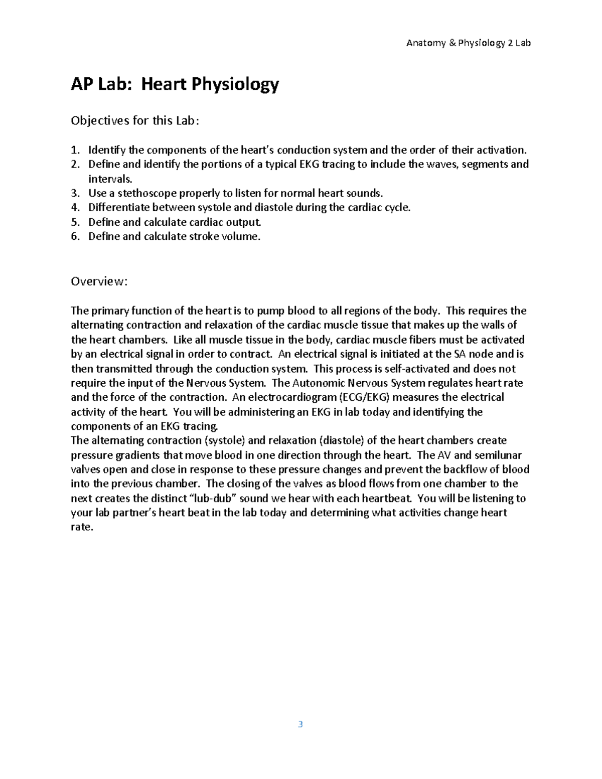 Lab Manual - Heart Physiology - AP Lab: Heart Physiology Objectives for ...