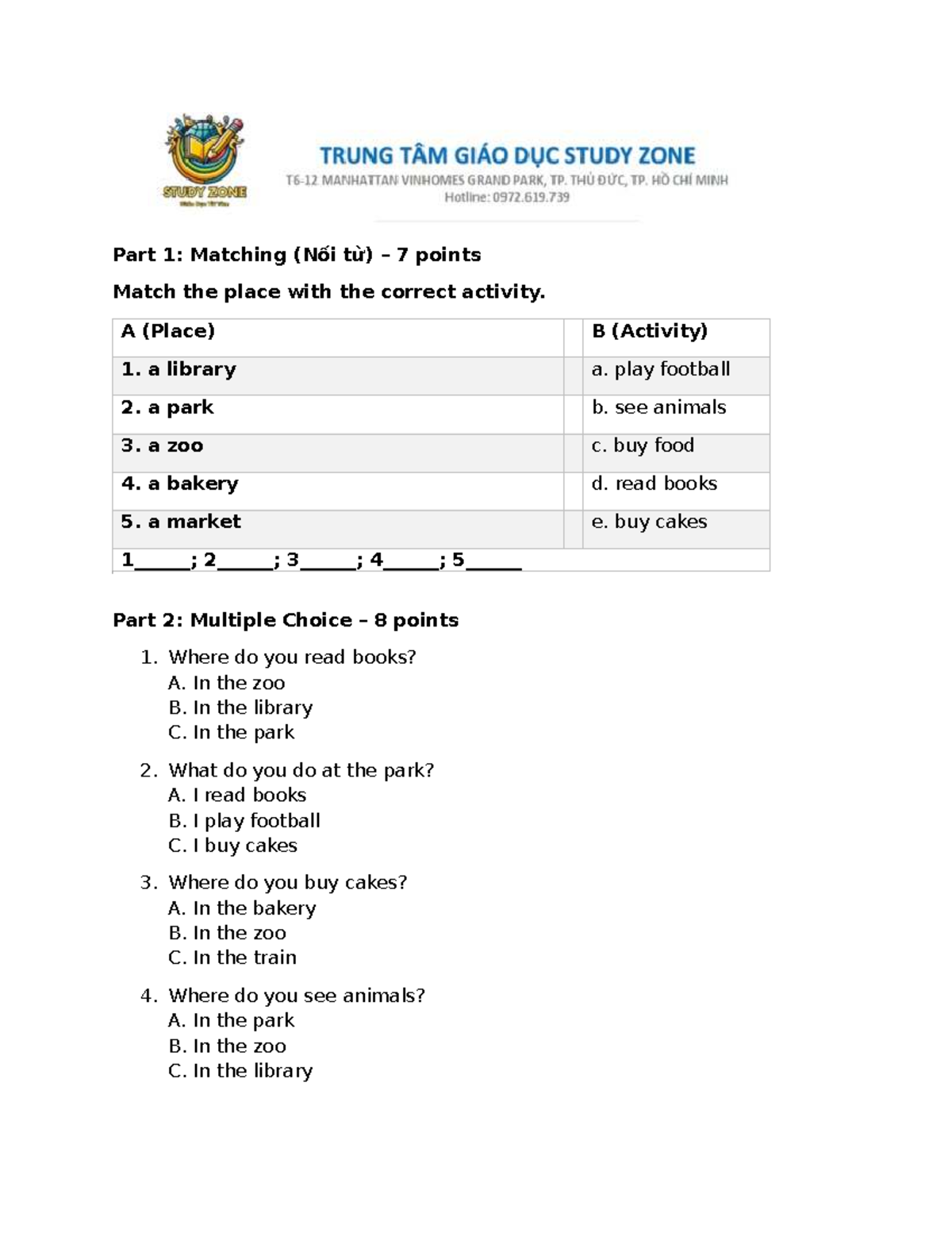 S1 - Week 28: Matching & Multiple Choice Activities - Studocu