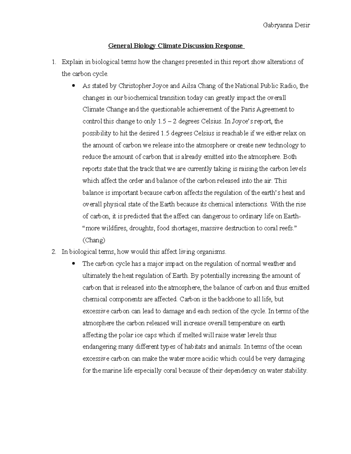 Biology 101: Climate Change Lab Report on Carbon Cycle Alterations ...