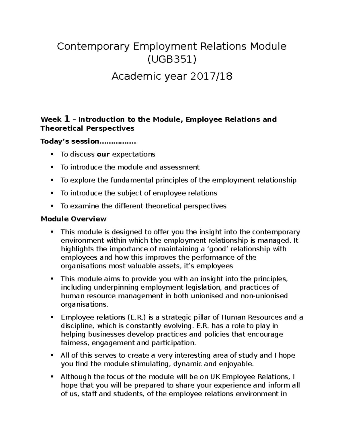 UGB351 – Contemporary Employment Relations Module (Lecture Overview ...