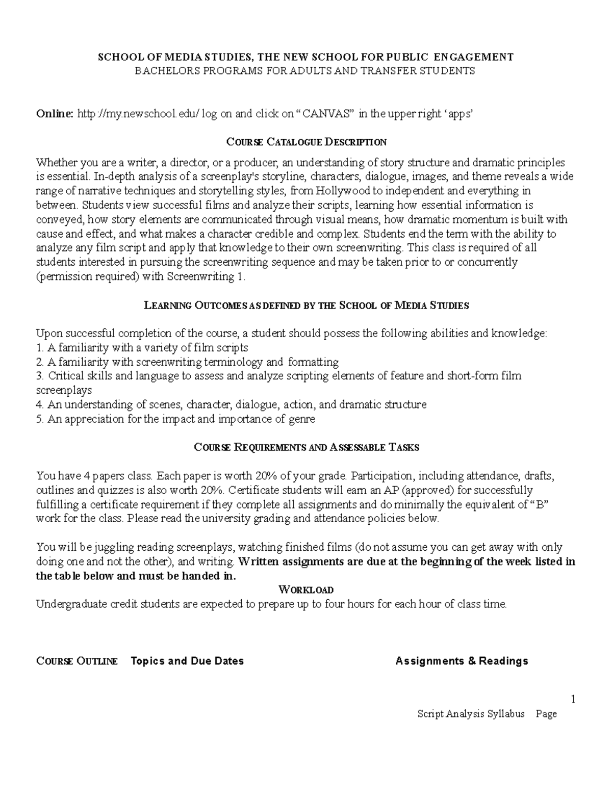 Script Analysis Syllabus Spring 2020 - SCHOOL OF MEDIA STUDIES, THE NEW ...