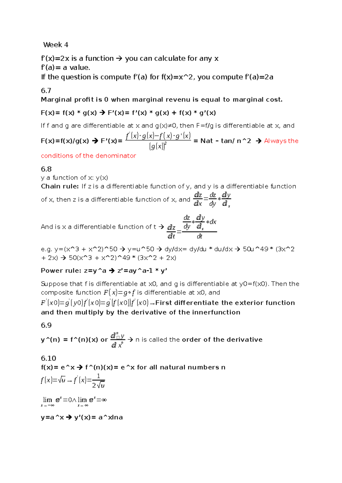 Week 4 - Calculus Notes on Differentiation and Functions - Studeersnel