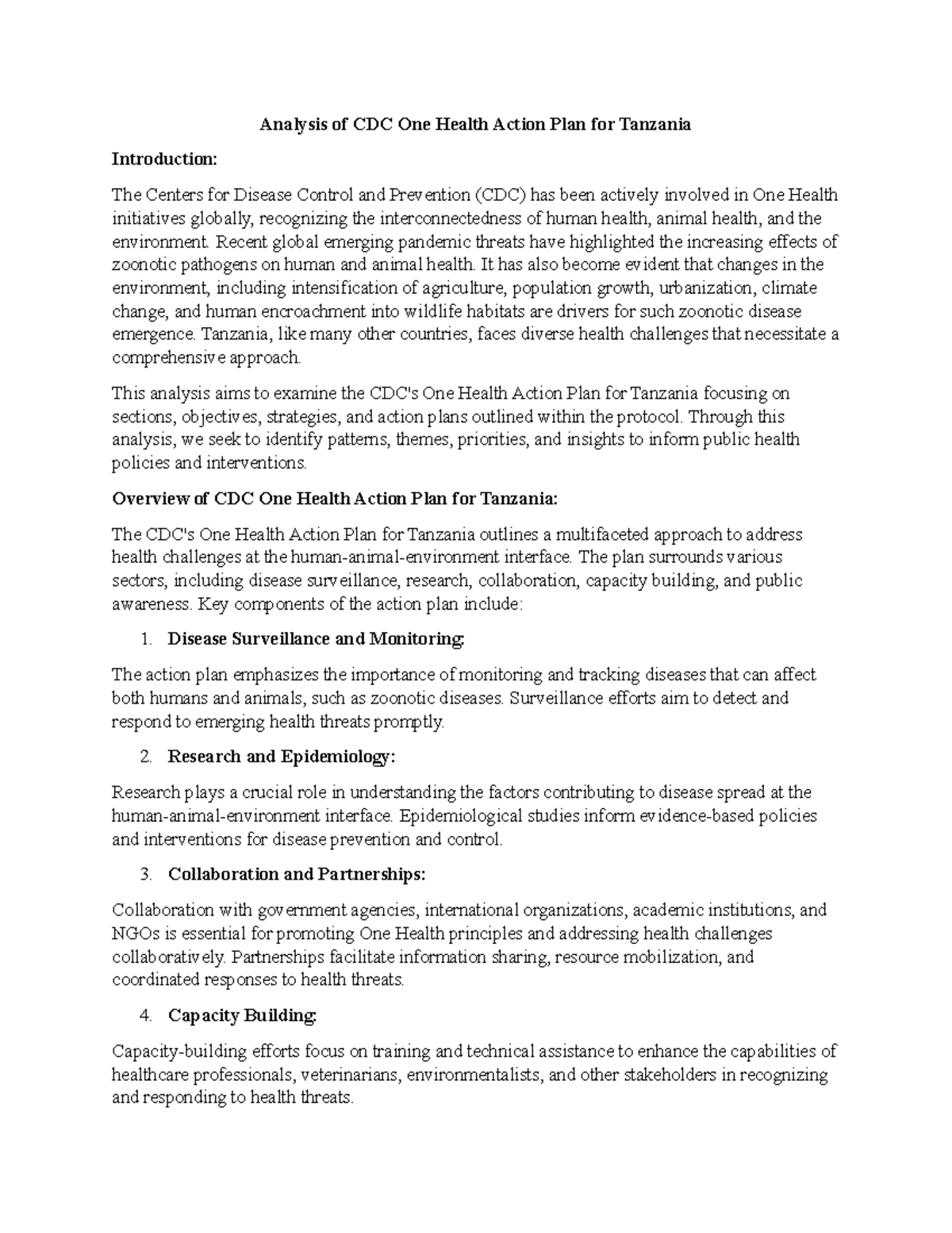 CDC One Health Action Plan Analysis for Tanzania - Studocu
