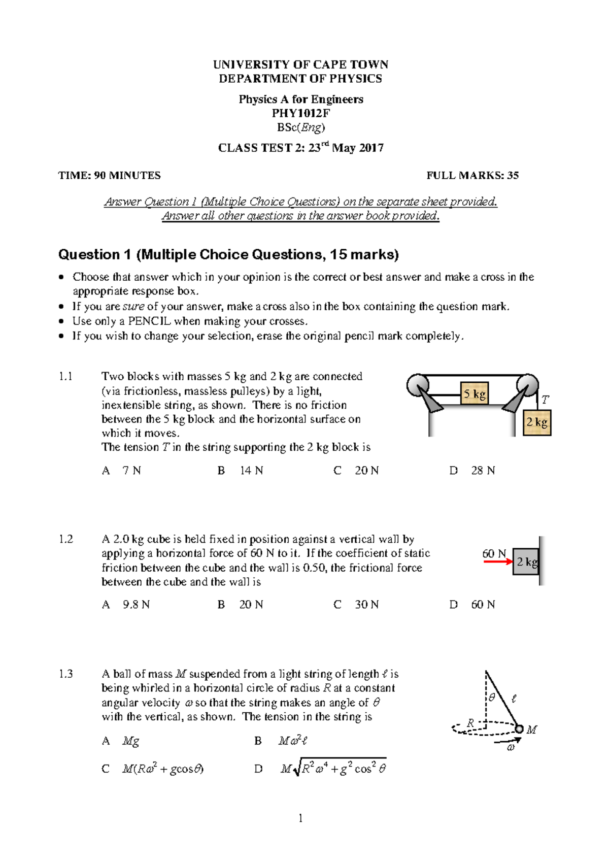 PHY1012F Test 2 - Physics A for Engineers - 23rd May 2017 - Studocu