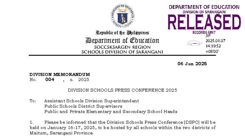 DM 004, s. 2025: Division Schools Press Conference Guidelines - Studocu