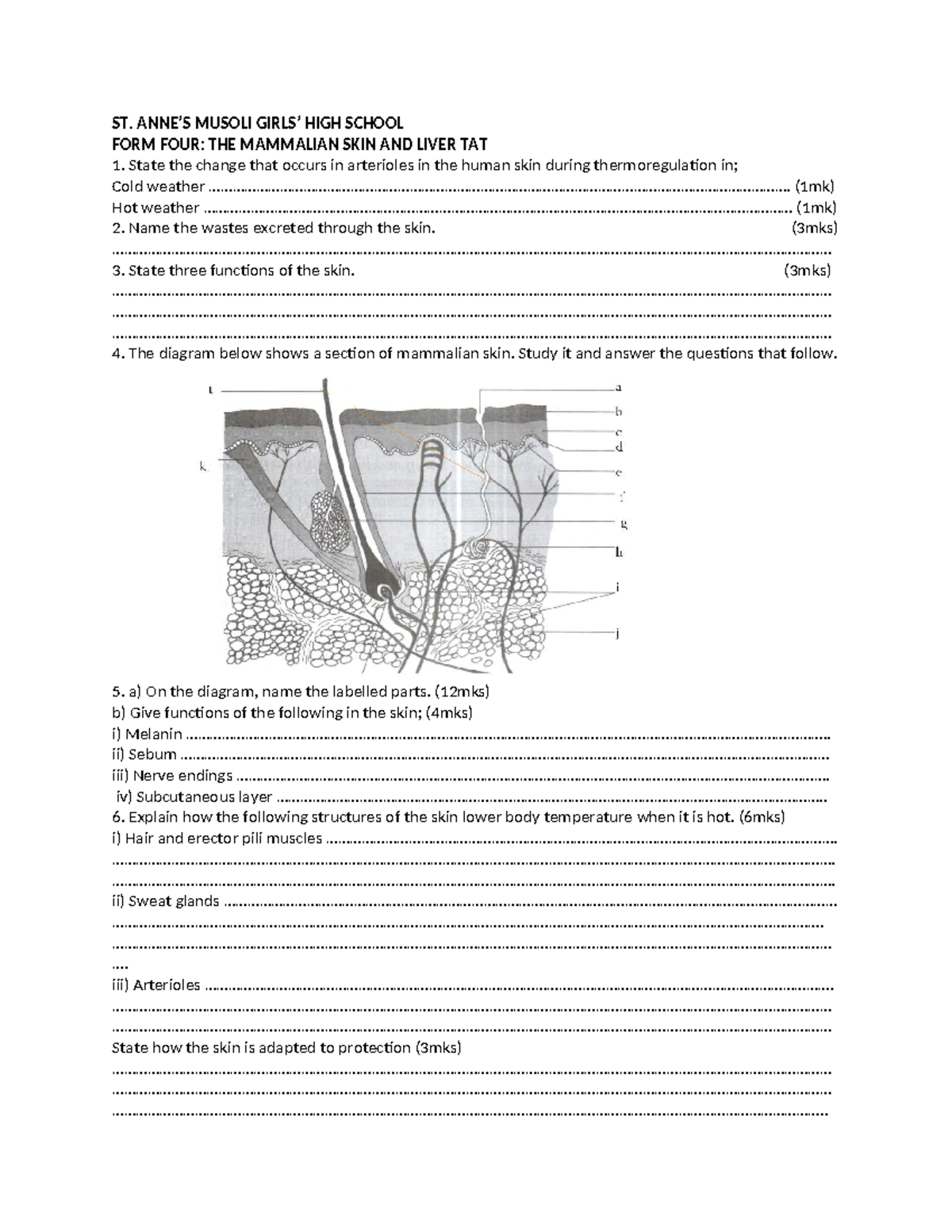 SK. MUSOLI HIGH SCHOOL FORM FOUR: MAMMALIAN SKIN & LIVER NOTES - Studocu